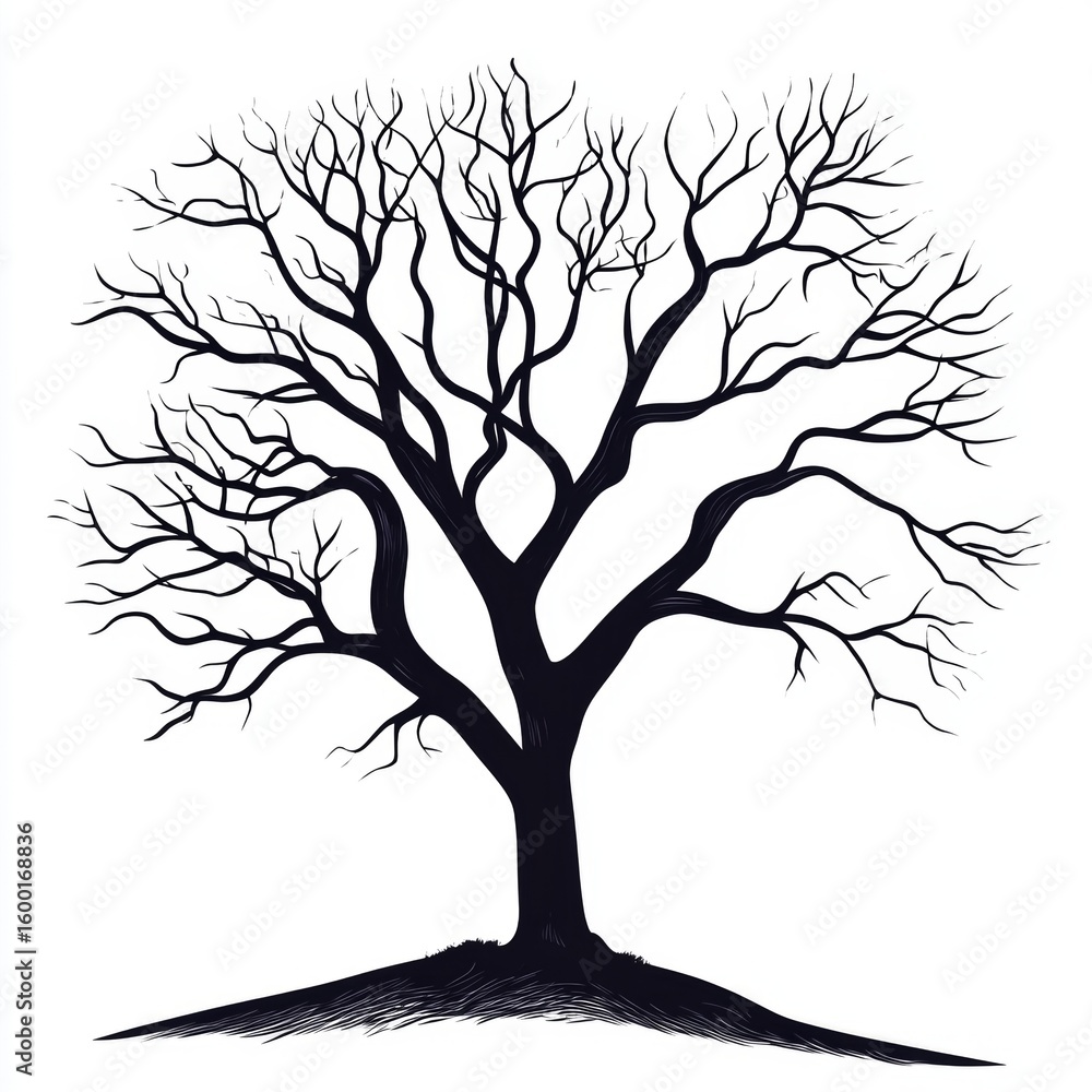Poster this artistic illustration features a striking leafless tree with intricate branches in a black and 