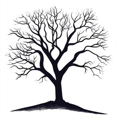 Fototapeta premium This artistic illustration features a striking leafless tree with intricate branches in a black and white silhouette style. Ideal for various design projects.