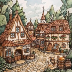 Discover a vibrant and whimsical storybook village scene filled with charming houses and lush greenery. Perfect for evoking a sense of tranquility and nostalgia.