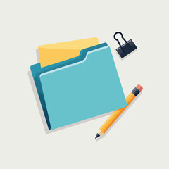 Office folder with documents, pencil, and paper clip on light background  