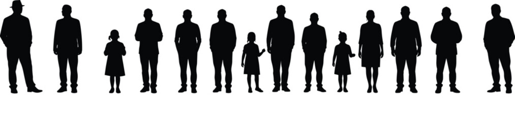 Diverse group of people silhouettes standing together: men, women, and children representing community, crowd, team, unity, and social gathering in a harmonious composition.