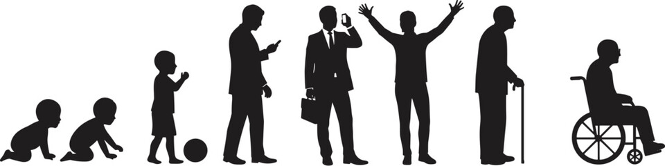 The Human Life Cycle: From crawling baby, active child, productive adult to happy middle-aged and wise senior, showing stages of growth and aging.