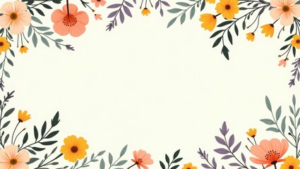 Obraz premium Decorative floral border design with various flowers and leaves.