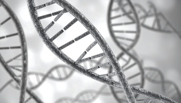Abstract representation of DNA strands.  Gray, detailed, 3D