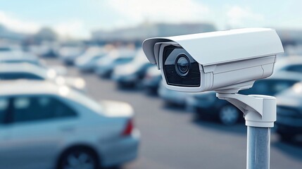 A dynamic depiction of a security camera mounted on a pole in a busy retail parking lot