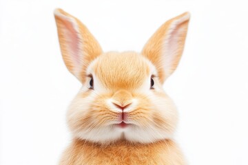 Obraz premium This image features a cute fluffy rabbit with large ears and bright eyes against a white background, capturing its sweet and playful expression.