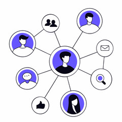  Colorful figures connected by lines illustrating social media networks and interactions