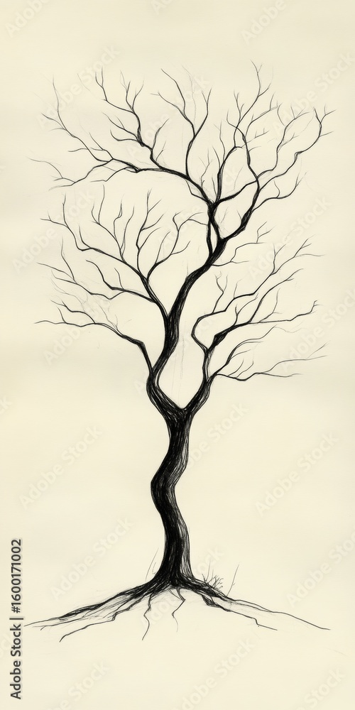 Poster this abstract black and white illustration features a unique tree design with intricate branches and
