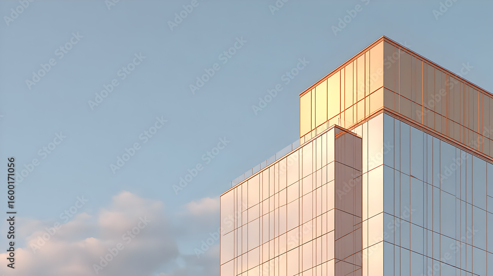 Poster a modern building reaching towards a clear sky with a touch of clouds