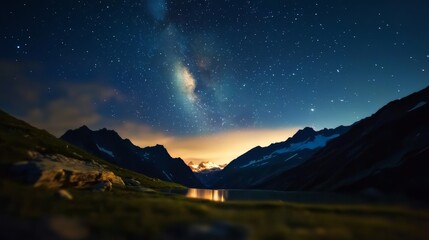 Milky Way galaxy over mountain landscape, night photography