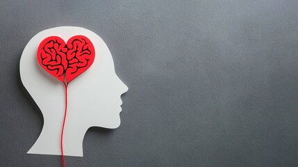 Conceptual Paper Cutout Head with Brain and Heart Symbols Linked by Red String for Emotional Intelligence Awarenes