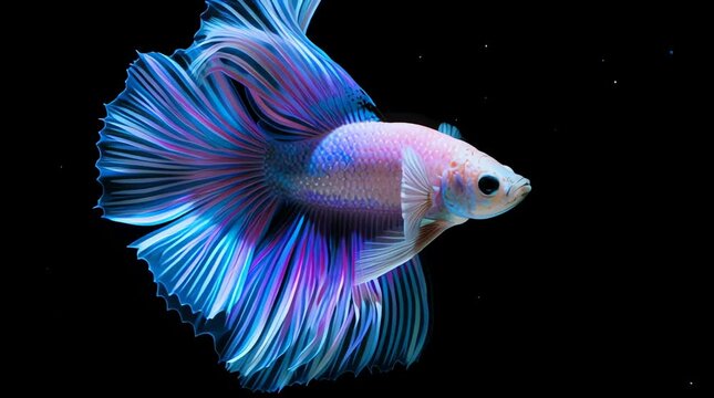 Colorful bright blue betta fish swim gracefully in an underwater blue aquarium