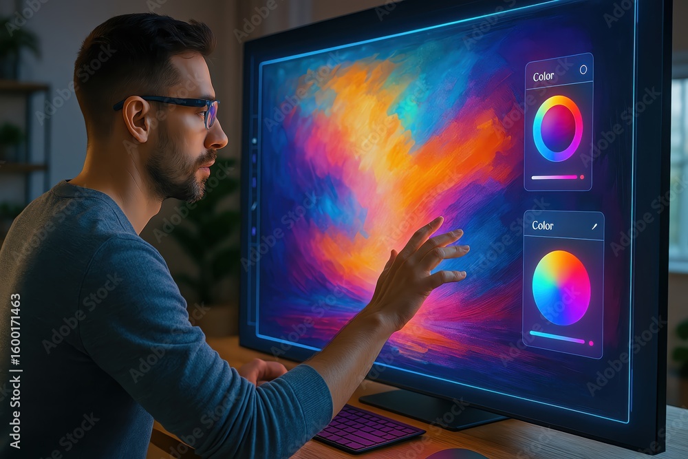 Fototapete a person using a digital tablet to create vibrant, colorful artwork in a modern workspace.