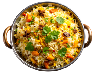 Top View of Vegetable Biryani Served in Traditional Metal Dish, Transparent Background