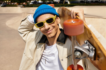 Young man enjoys a fun day at the park while skateboarding with a big smile on his face