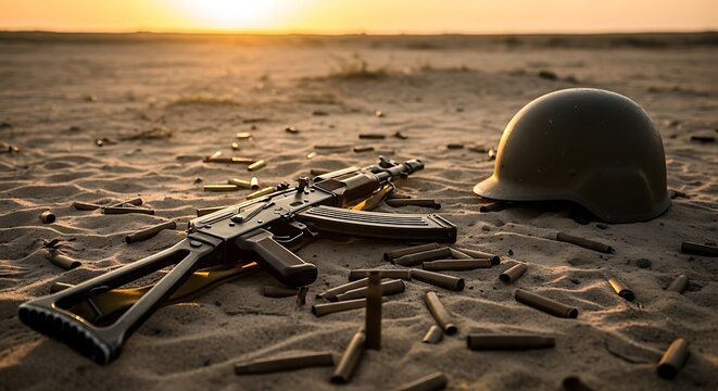 Desert Sunset: AK-47 Helmet and Spent Shells Wars Aftermath.