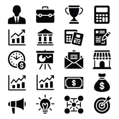 Collection of Sixteen Black Glyph Icons Depicting Business Finance Success and Growth Concepts Including Charts Graphs Briefcase Trophy