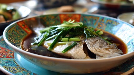 Steamed fish in a decorative bowl