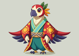 Naklejka premium Elegant Parrot in Traditional Kimono Graceful Vector Bird with Floral Patterns and Cultural Style 
