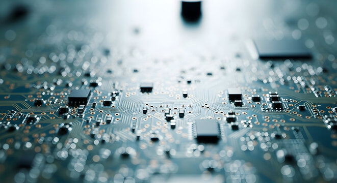 Close up view of a complex circuit board with visible components and intricate pathways