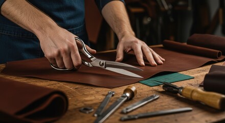 Craftsman carefully cuts rich brown leather with sharp shears on a worn wooden workbench.