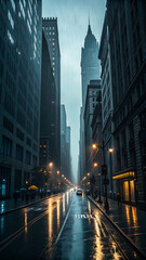 Rainy evening in a city with tall buildings and wet streets