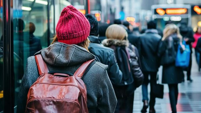 Commuters queue at a bus stop on a cold morning in the city, each wrapped in warm clothing and carrying bags