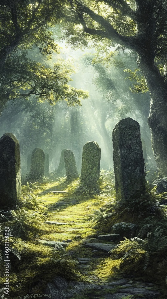 Aufkleber discover a serene path winding through an enchanted forest, flanked by ancient stones. sunlight stre