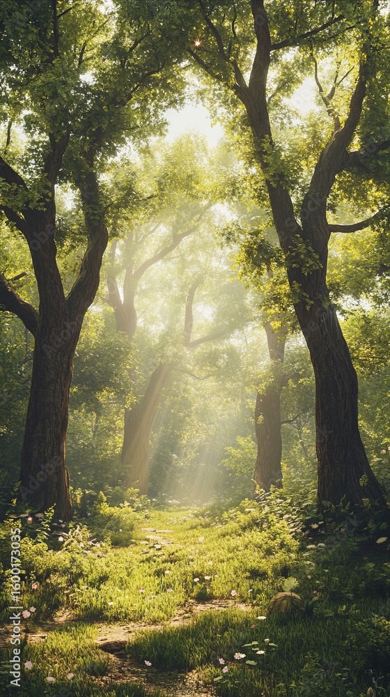 Aufkleber a beautiful forest pathway illuminated by soft sunlight filtering through the vibrant green trees, c