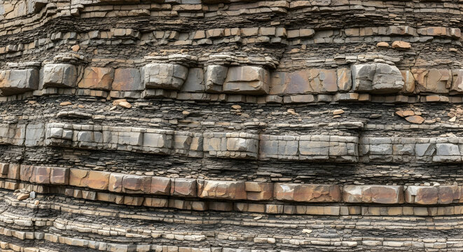 A close up view of a rock formation showing layered sedimentary rock stratification details