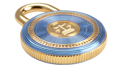 3D icon of a digital padlock with justice symbol in center, cybersecurity law concept, isolated on white background