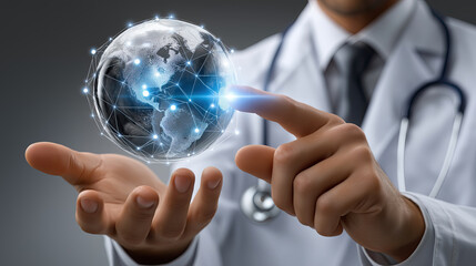 Doctor holding digital globe, symbolizing global health and technology, with focus on connectivity and innovation in medicine
