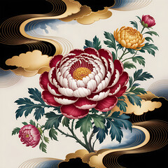 The artwork showcases a traditional Japanese-style illustration with vibrant flowers, abstract golden clouds, and wave-like patterns, resembling classical kimono textiles or Edo-period screen painting