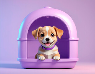 ピンク色の犬小屋の中にいる茶色い子犬