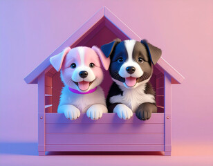 ピンク色の犬小屋の中にいるピンクと黒の子犬