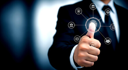 Businessman's thumb with fingerprint scan and digital network icons image