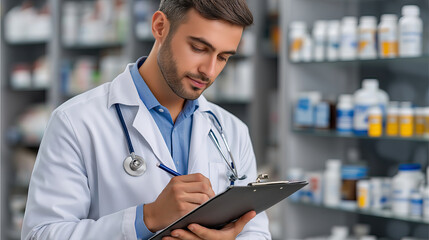 Focused doctor in white coat writes notes on clipboard in pharmacy filled with various medications, showcasing professionalism and care
