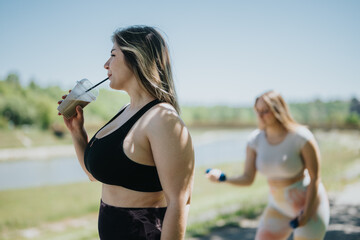 Two women exercising outdoors, one enjoying a smoothie while the other lifts weights, promoting...