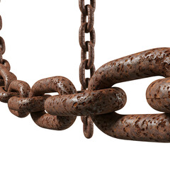rusty iron chain isolated on transparent background PNG, aged metal link texture, weathered industrial hardware, vintage shackle detail, corroded steel object with authentic oxidation
