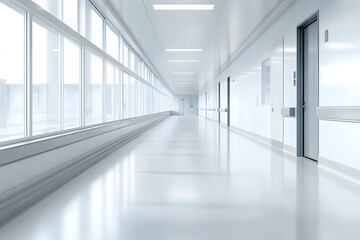 Obraz premium Clean and brightly lit empty hospital corridor featuring a shiny blue floor and white walls, leading towards a distant door in a sterile and quiet environment