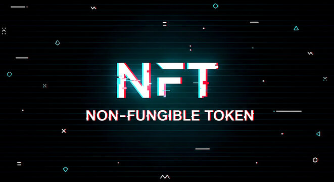 Glitched White N F T Non Fungible Token Text on Dark Digital Background nonfungibletoken digitalart