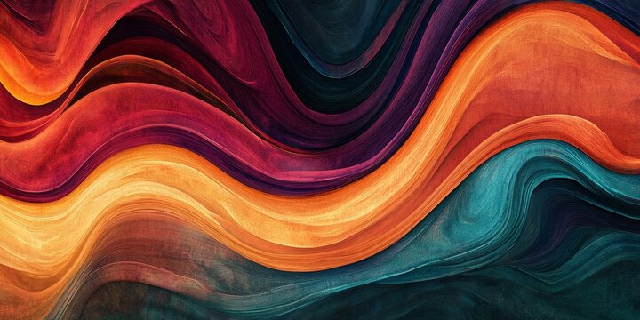 A colorful abstract painting with a blue and orange wave. The painting is full of different colors and has a very dynamic and energetic feel to it