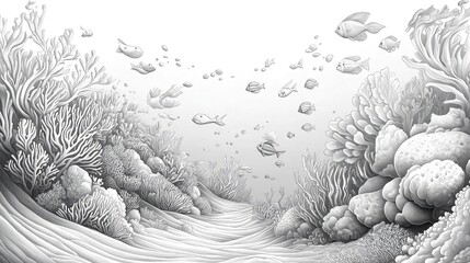 Underwater scene drawings depicting ocean life, fish, coral reefs, and marine plants with artistic interpretation, line detail, and fantasy or scientific illustration aesthetics.