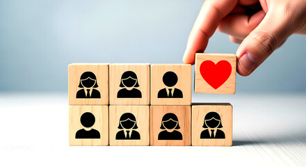 Hand placing wooden block with red heart symbol on top of person icons image