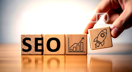 Hand placing wooden block with rocket symbol next to S E O and growth chart blocks search engine