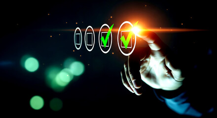 Hand touching glowing green checkmarks on digital checklist with bokeh lights tick