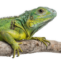 Fototapeta premium Close-up of a big green lizard on the branch on white background