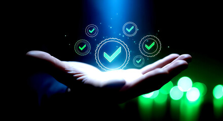 Open hand holding glowing green checkmarks and circular seals against dark background palm receiving