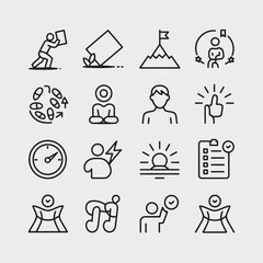 Fototapeta premium Collection of Twelve Black Linear Icons Depicting Personal Development Concepts Including Goal Setting Time Management Teamwork and Mindfulness