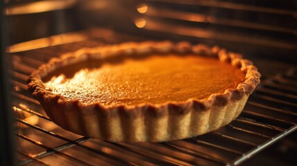 Pumpkin pie baking in an oven